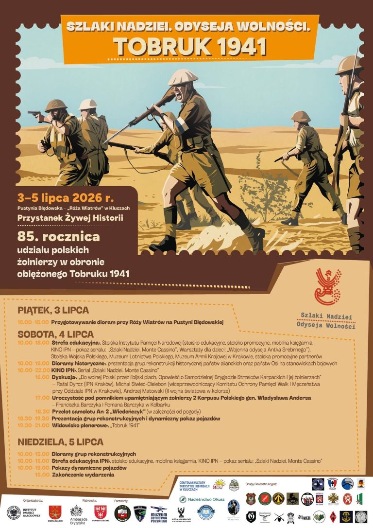 Plakat: Tobruk 1941 – widowisko historyczne na Pustyni Błędowskiej, 3–5 lipca 2026